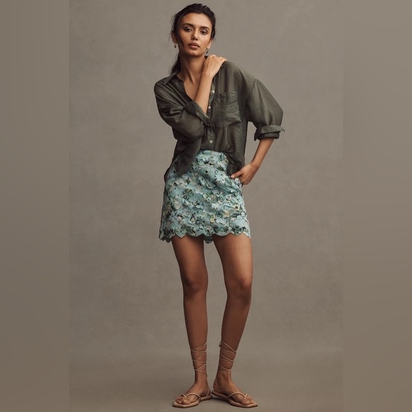 COPY - NWT  By Anthropologie  Blue Printed Embroidered Lace Mini Skirt Large - Picture 1 of 5